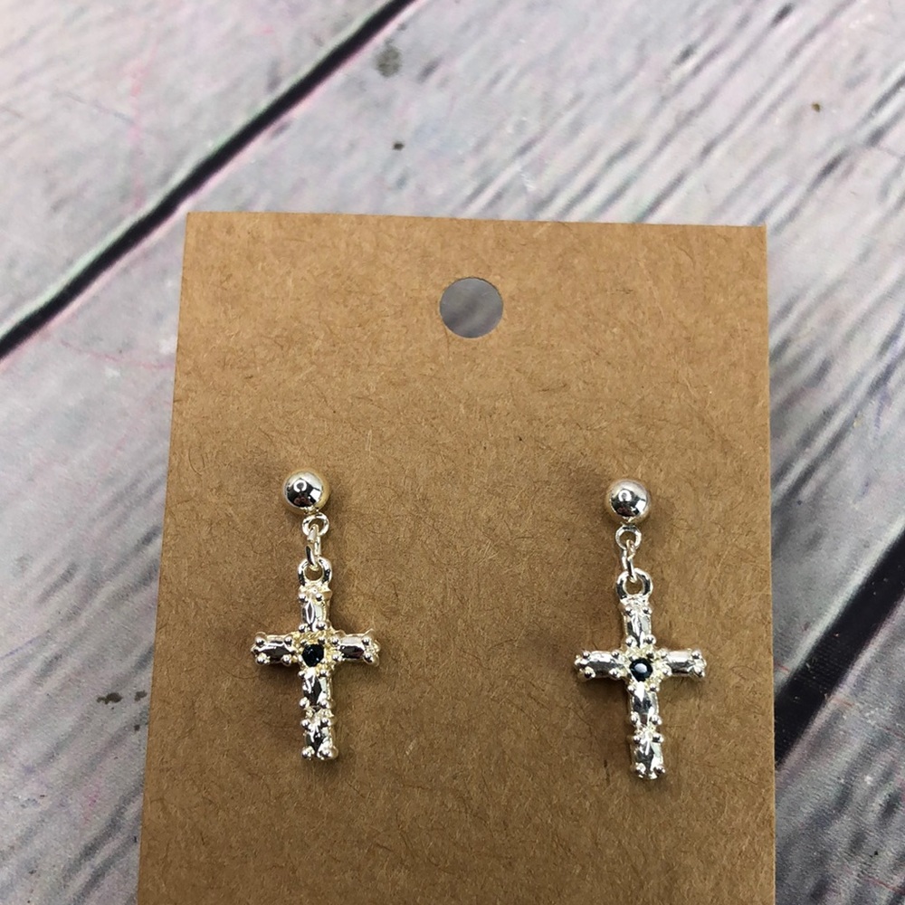 5/$25 Artsy silver tone cross dainty delicate shiny drop dangle statement - Picture 3 of 10